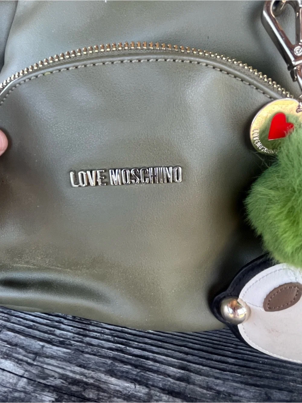 Love Moschino  Olive Green sm Backpack with Green Pom-Pom Charm